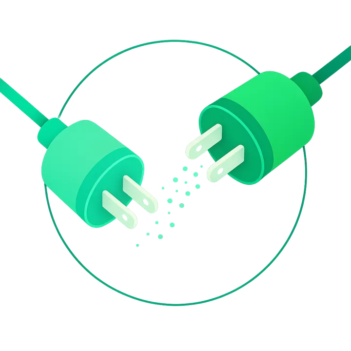 Two connectors joining a plug into a socket with a data stream between them