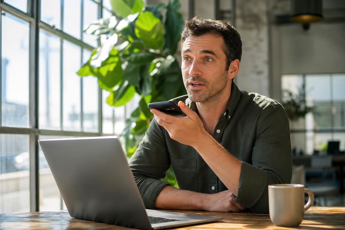 A man asking a question into his phone at his desk, laptop and coffee in front of him
