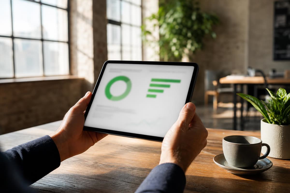 A tablet held in two hands showing a report with a green ring gauge, over a wooden desk