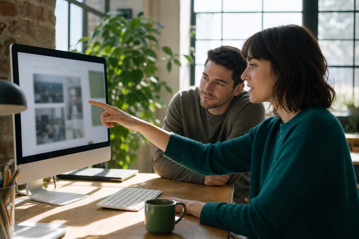 A designer pointing at a monitor showing a website with a small green panel, a colleague leaning in