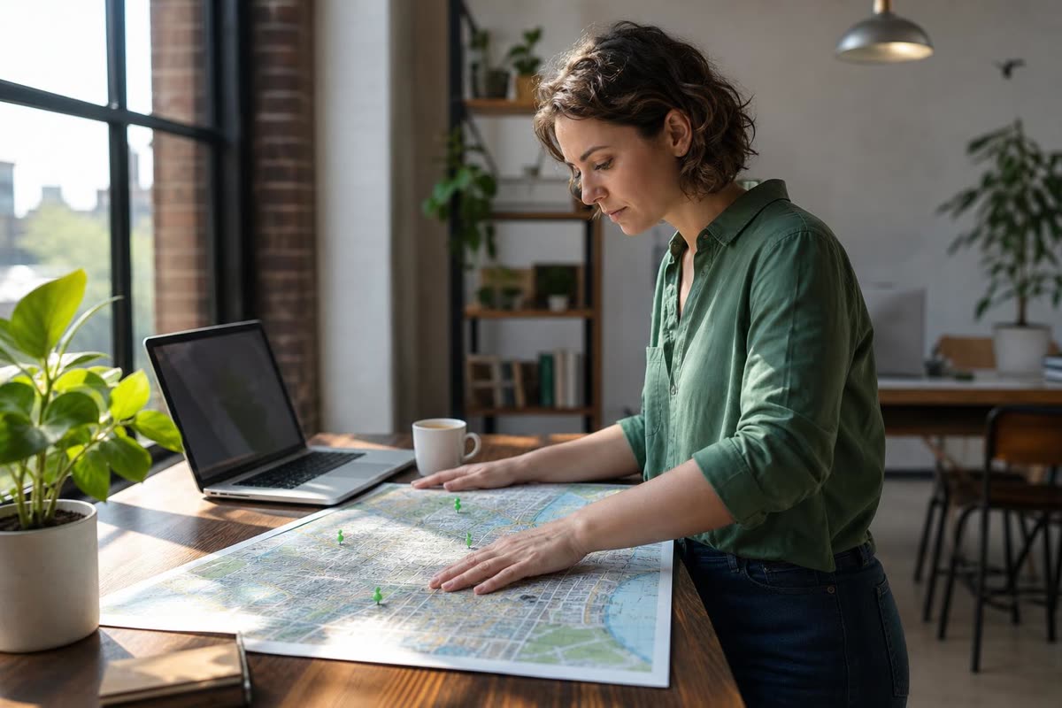 A consultant at a tall desk reading a printed city map with green pins beside her laptop