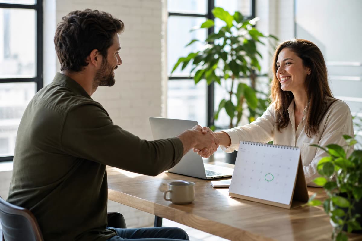 Two people shaking hands across a meeting table beside a desk calendar with one day circled