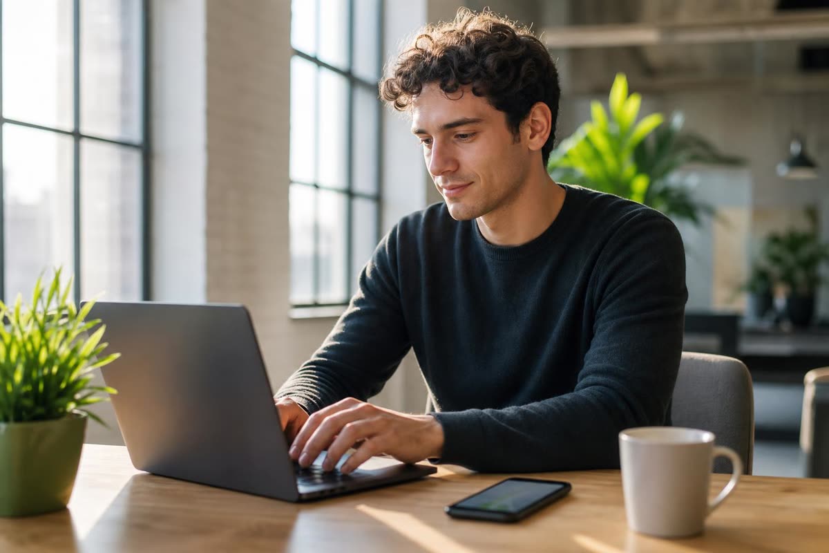 A young man at a wooden desk typing on a laptop, his phone lit with a notification beside it