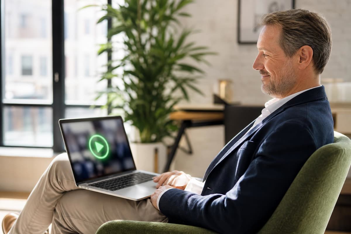A business owner in a green armchair watching a video proposal on his laptop