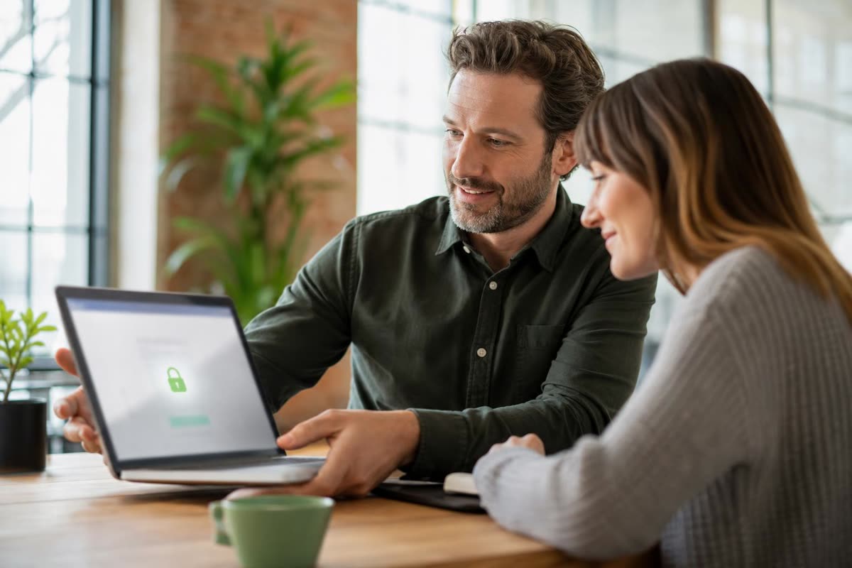 An agency owner at a desk showing a laptop to a client, both looking at the screen, plants by the window