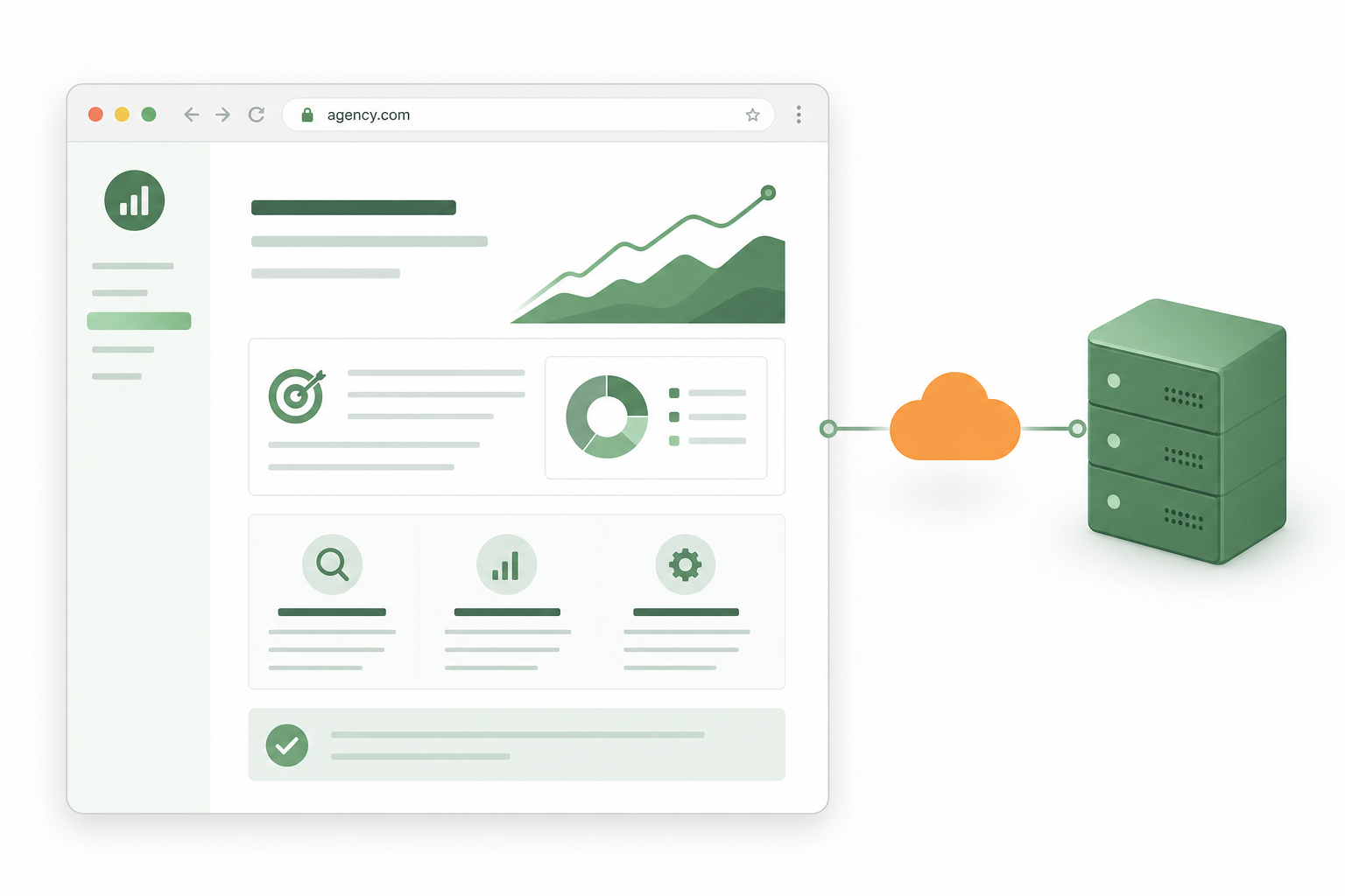A browser showing a proposal on the agency's own domain, routed through a cloud to the platform