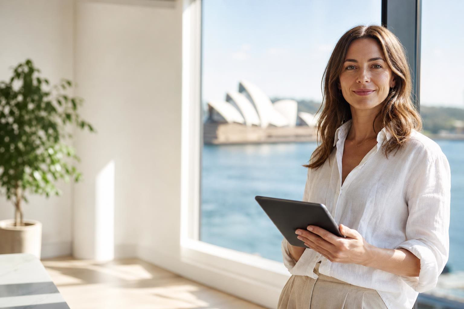 An agency founder holding a tablet by a window, Sydney Harbour and the Opera House behind her