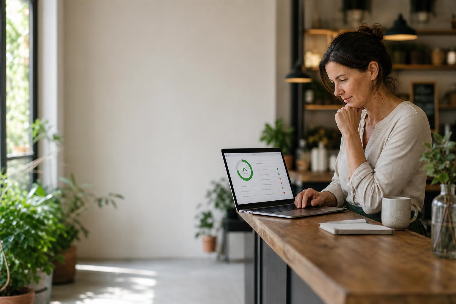 A cafe owner at her wooden counter reading a website report with a green score ring on her laptop