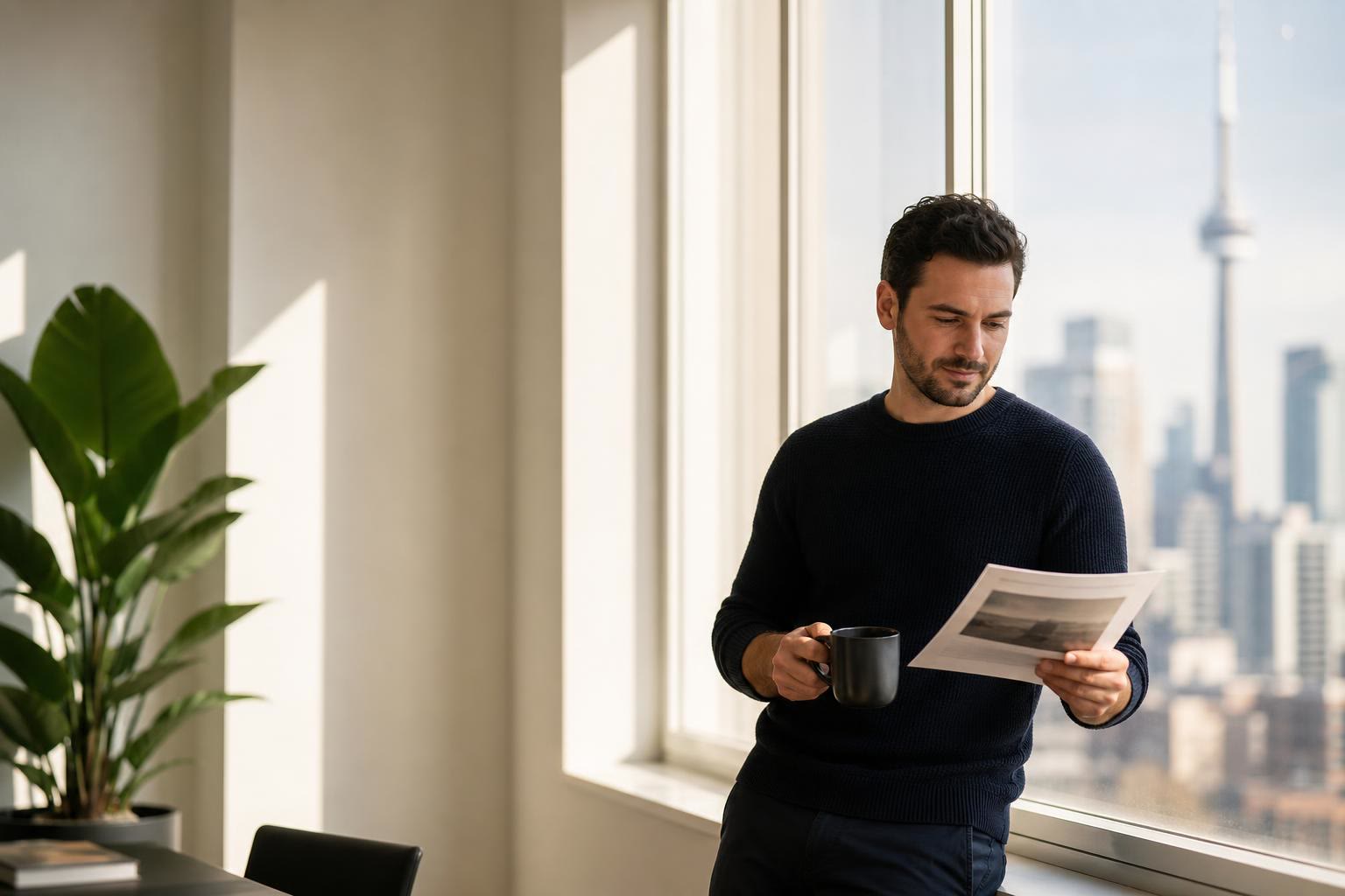 An agency owner with a coffee reading a printed page by a window, the Toronto skyline and the CN Tower behind him