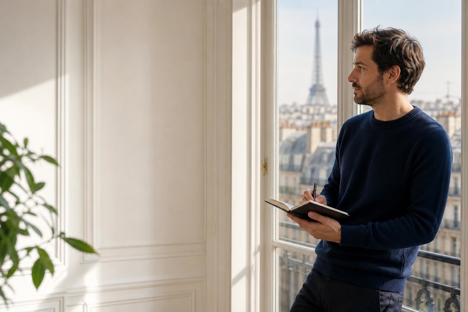An agency owner with a notebook at a tall Parisian window, the Eiffel Tower and the rooftops of Paris behind him