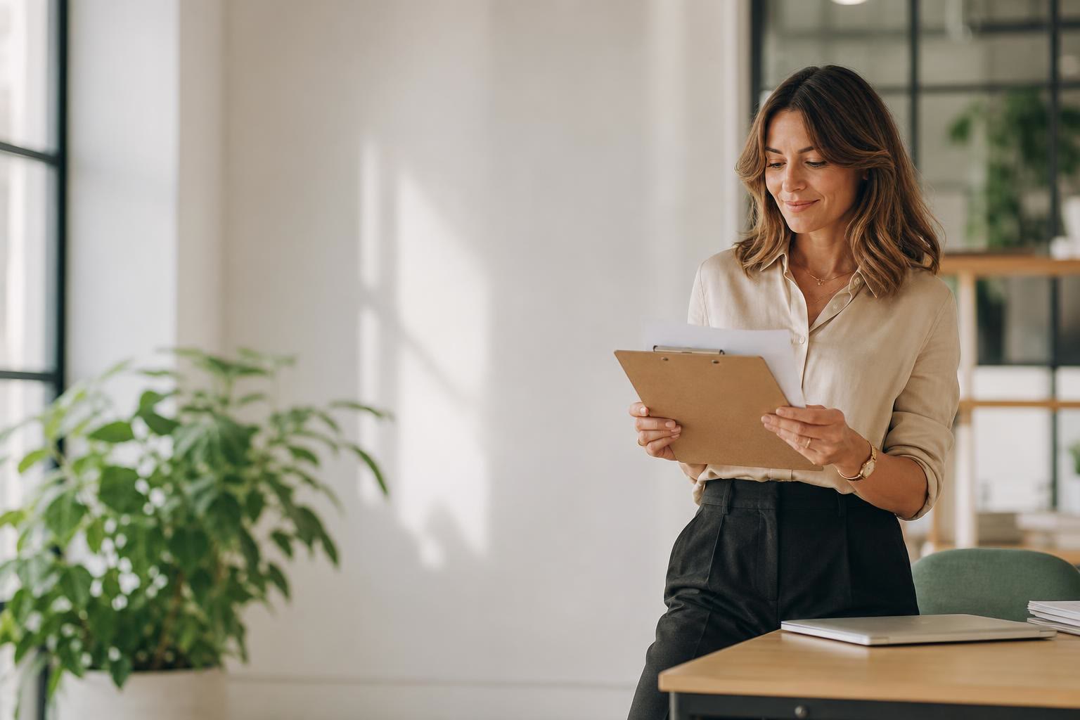 An agency founder standing in a bright office reading a printed shortlist, laptop closed beside her