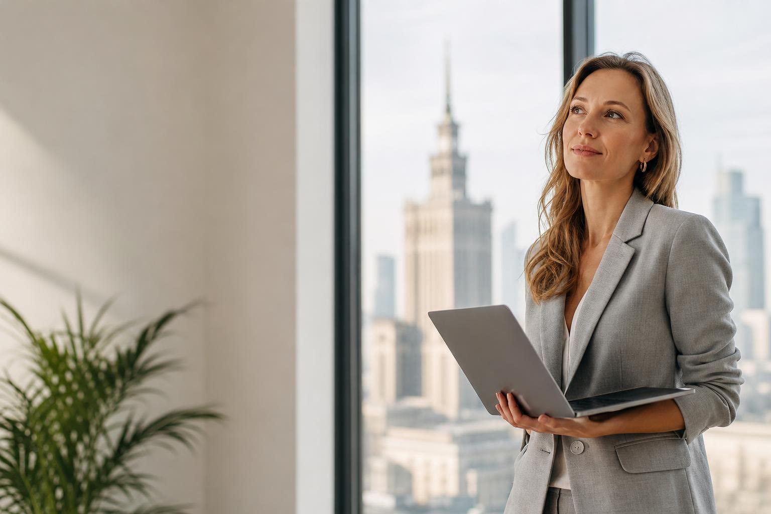 An agency founder holding a laptop by a window, the Warsaw skyline behind her