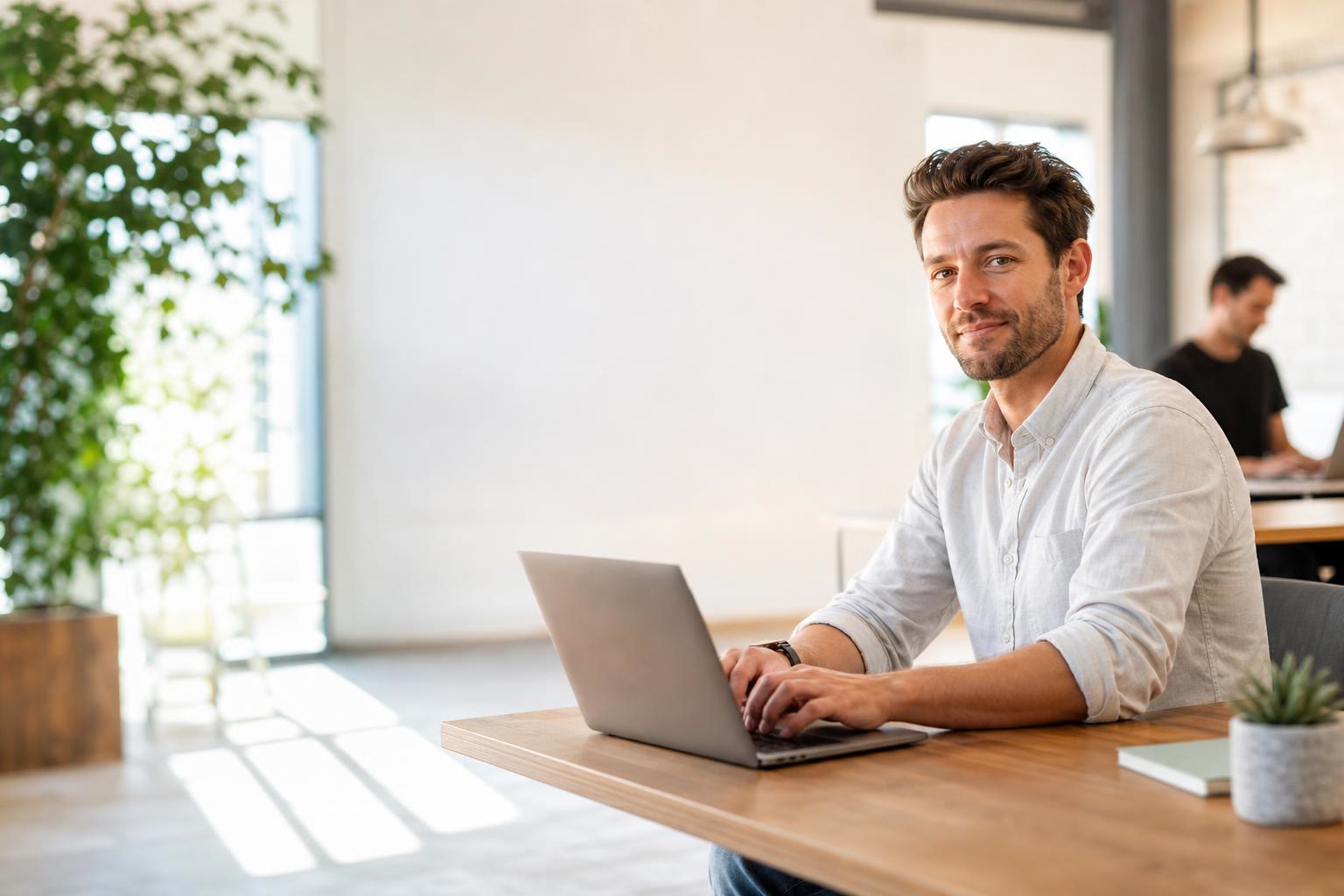 An agency owner at a wooden desk typing his agency website into a laptop, a colleague working further back