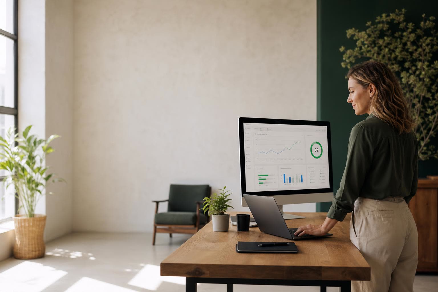 A marketing consultant at a standing desk in a bright studio, reading a website report with a green score ring on a large monitor