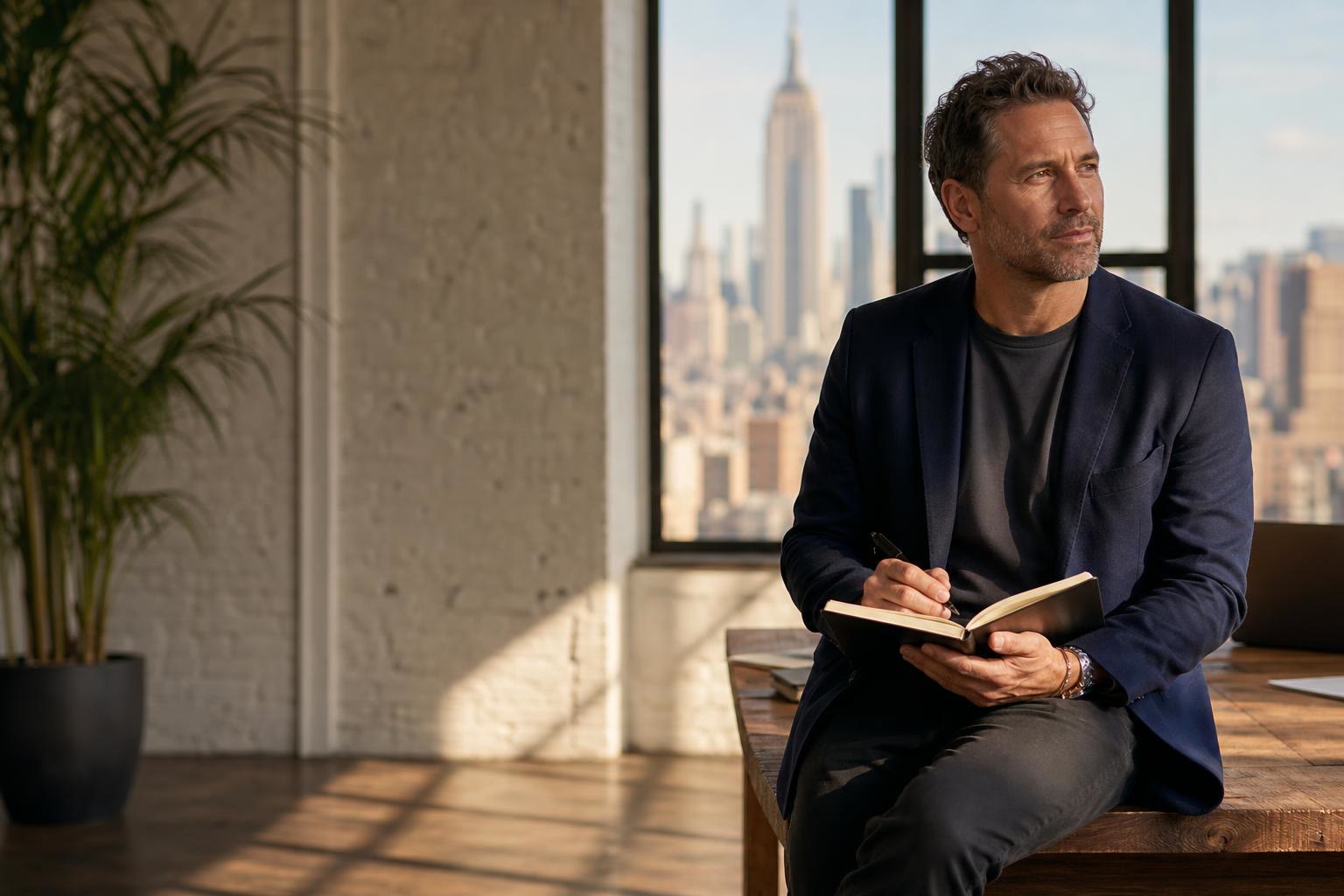 An agency owner sitting on a desk with a notebook, the Manhattan skyline behind him