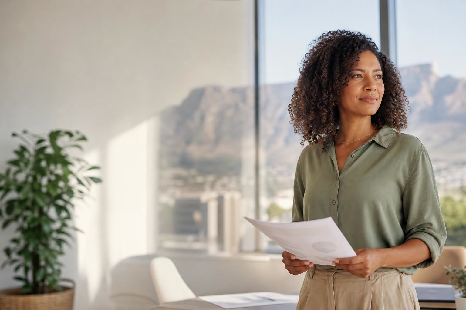 An agency founder reviewing a printed report by a window, Table Mountain behind her
