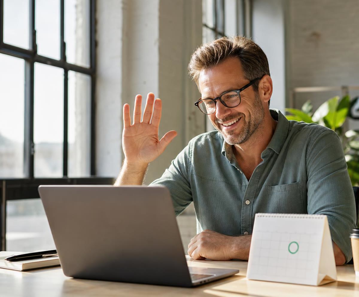 A man waving at a video call on his laptop, a desk calendar with one day circled beside it