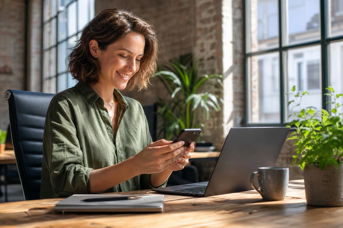 A woman at a desk smiling at a message on her phone, a laptop open beside her
