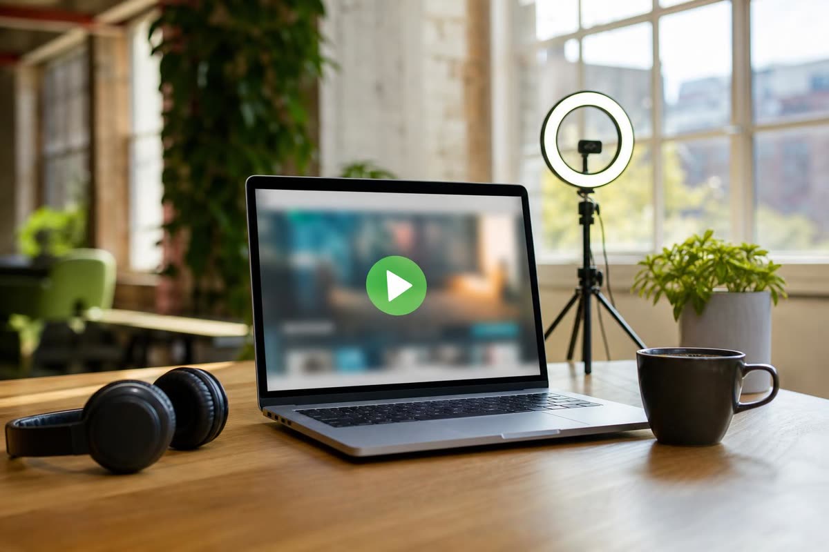 A laptop on a desk playing a video with a green play button, headphones and a ring light beside it