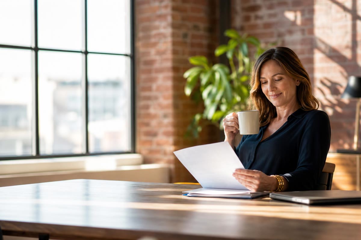 An agency founder leaning back with a coffee, reading a printed list of businesses, her laptop closed beside her