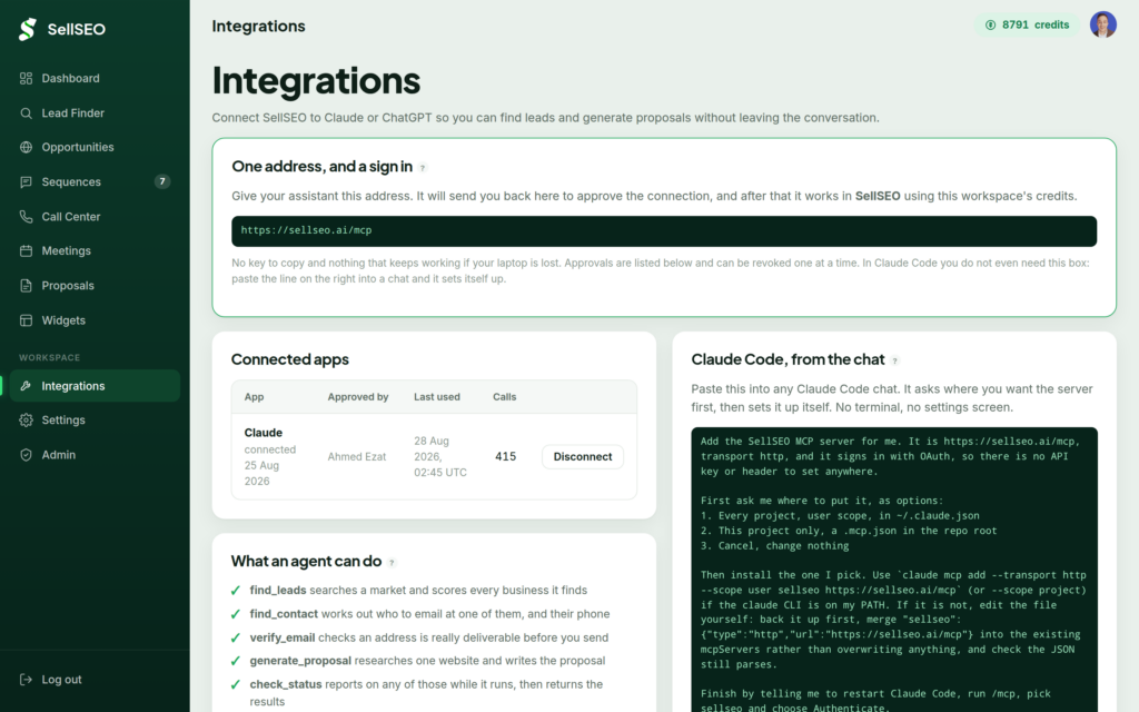 The SellSEO integrations screen showing the MCP endpoint for connecting Claude or ChatGPT