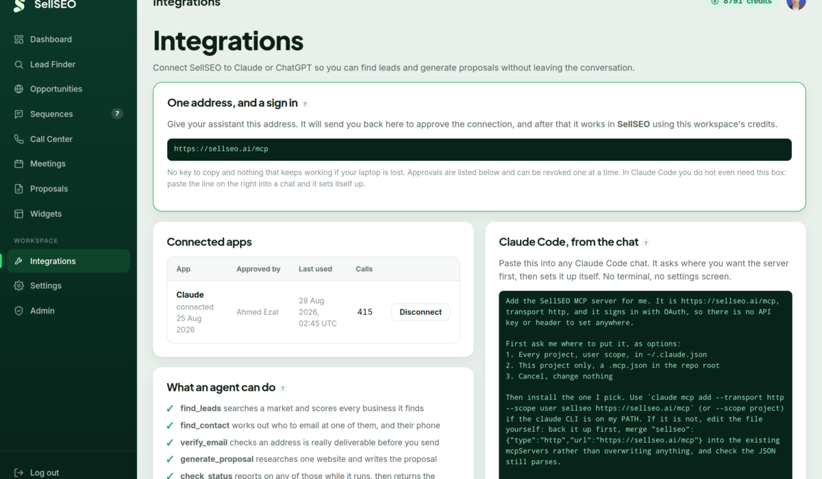 The SellSEO integrations screen showing the MCP endpoint for connecting Claude or ChatGPT