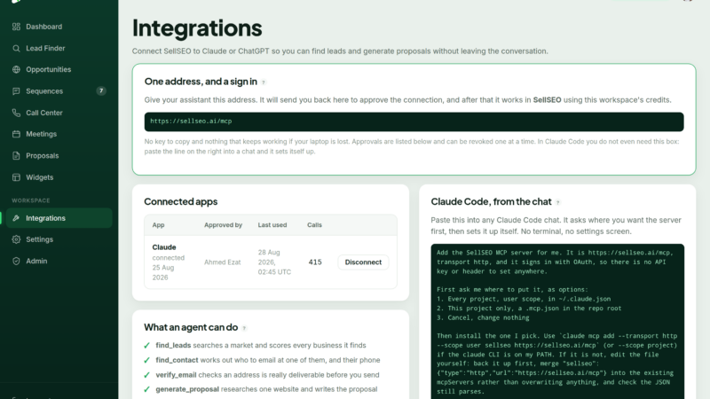 The SellSEO integrations screen showing the MCP endpoint for connecting Claude or ChatGPT