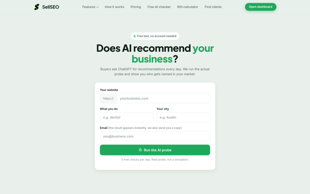 The free SellSEO AI visibility checker, which asks what AI assistants recommend in a given market