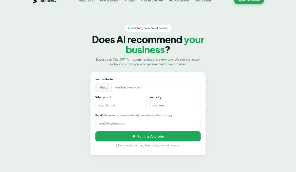 The free SellSEO AI visibility checker, which asks what AI assistants recommend in a given market