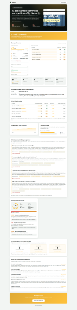 A branded SellSEO audit report page showing a business score, the traffic value lost and the evidence behind it