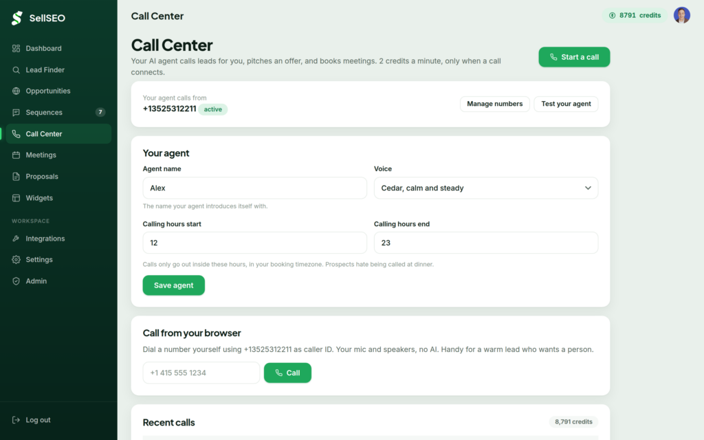 The SellSEO call center screen for placing AI calls to leads and reviewing outcomes