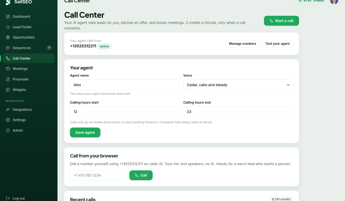 The SellSEO call center screen for placing AI calls to leads and reviewing outcomes