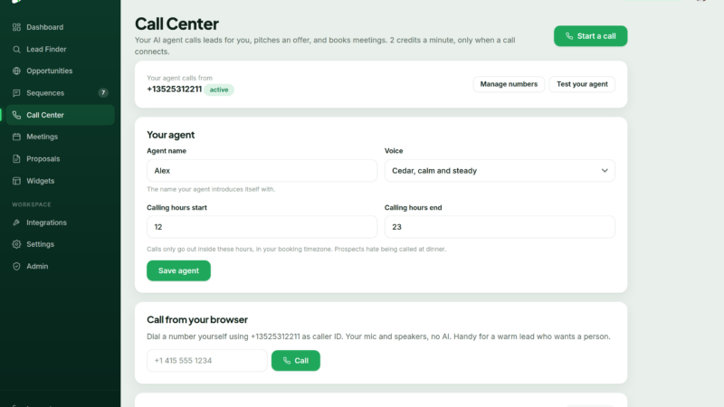 The SellSEO call center screen for placing AI calls to leads and reviewing outcomes