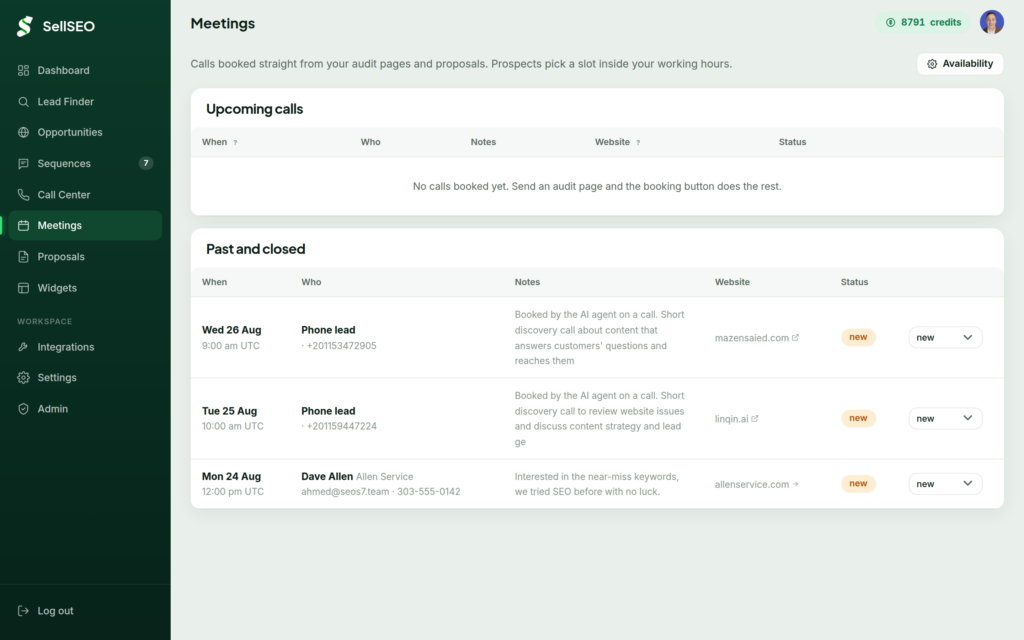The SellSEO meetings screen showing upcoming bookings and availability settings