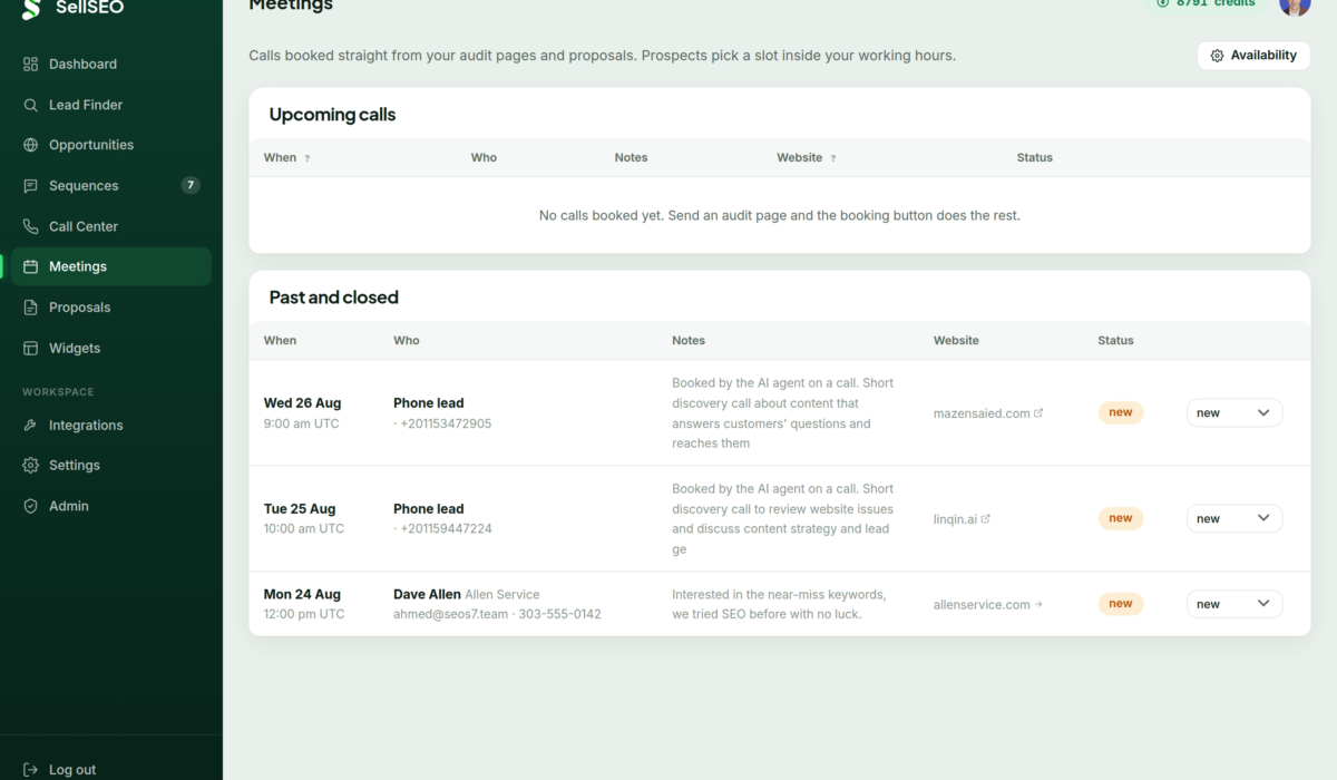 The SellSEO meetings screen showing upcoming bookings and availability settings