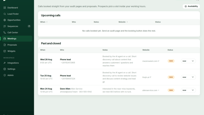 The SellSEO meetings screen showing upcoming bookings and availability settings
