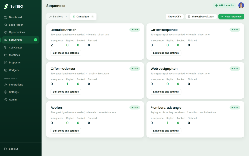 The SellSEO sequences screen showing active campaigns with their step counts, tone and reply statistics
