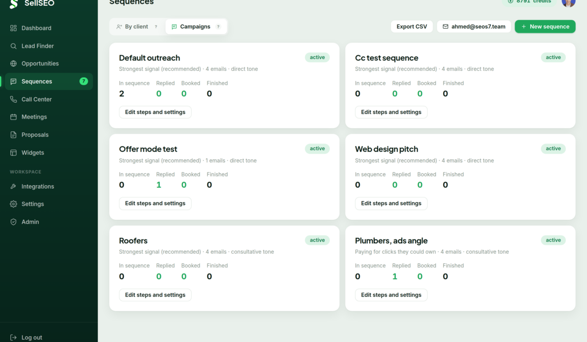 The SellSEO sequences screen showing active campaigns with their step counts, tone and reply statistics