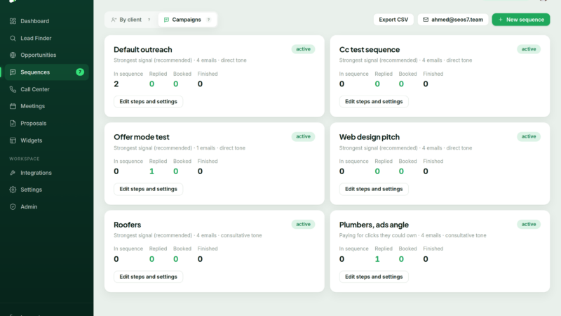 The SellSEO sequences screen showing active campaigns with their step counts, tone and reply statistics