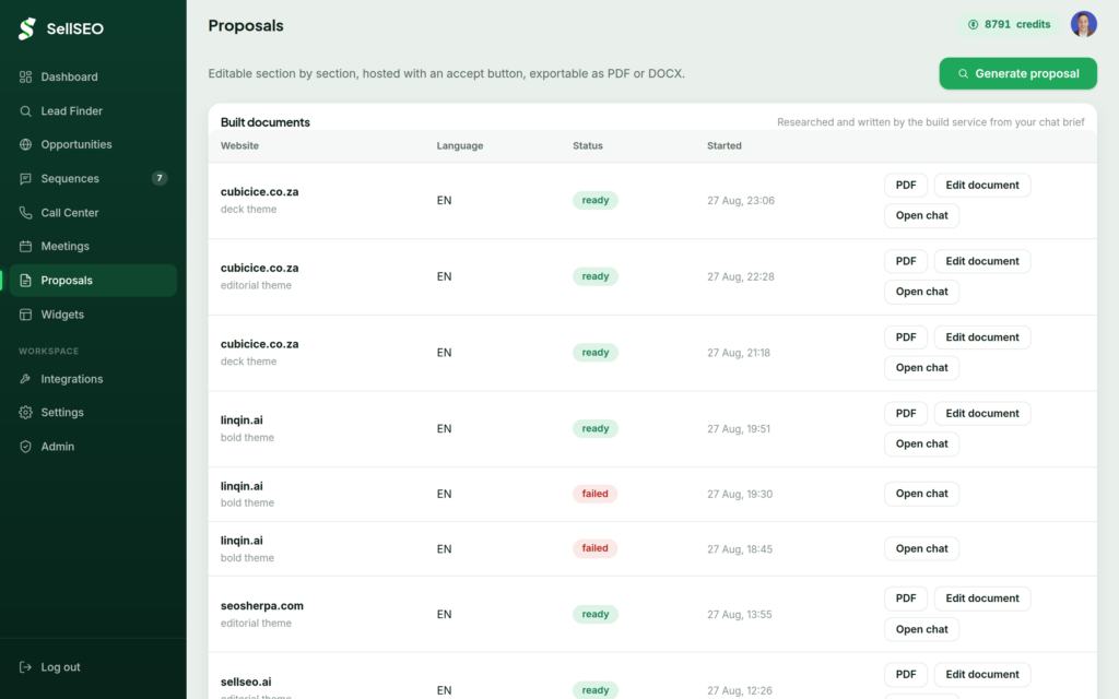 The SellSEO proposals screen listing generated proposals and their status