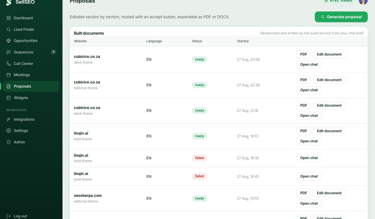 The SellSEO proposals screen listing generated proposals and their status