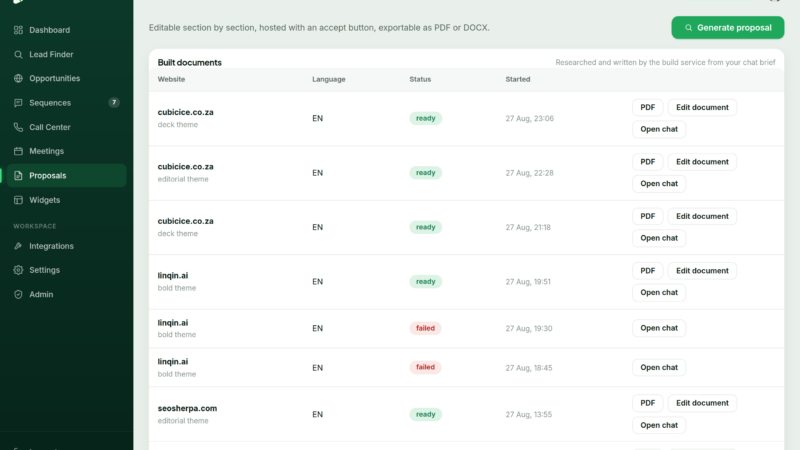 The SellSEO proposals screen listing generated proposals and their status