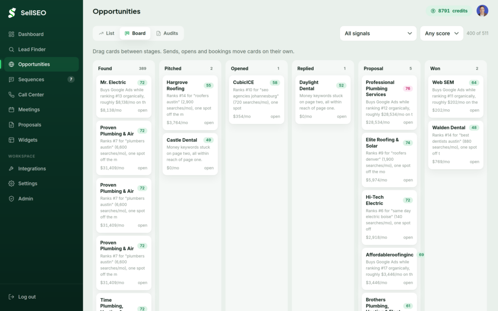 The SellSEO opportunities board showing prospects arranged by pipeline stage