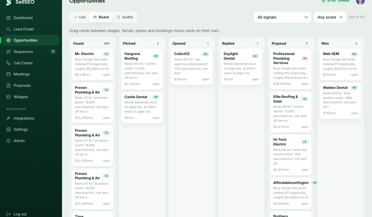 The SellSEO opportunities board showing prospects arranged by pipeline stage