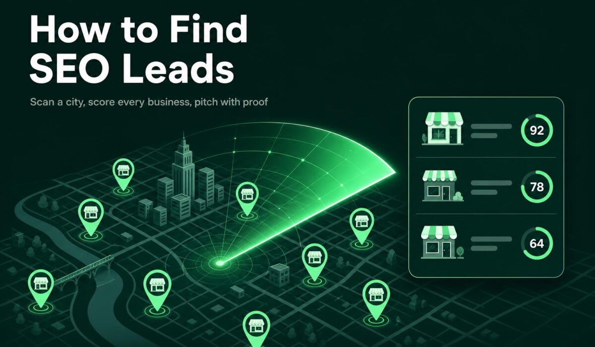Radar sweeping a city map with local business pins and a ranked list of scores