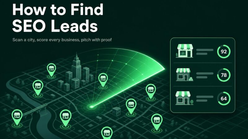 Radar sweeping a city map with local business pins and a ranked list of scores